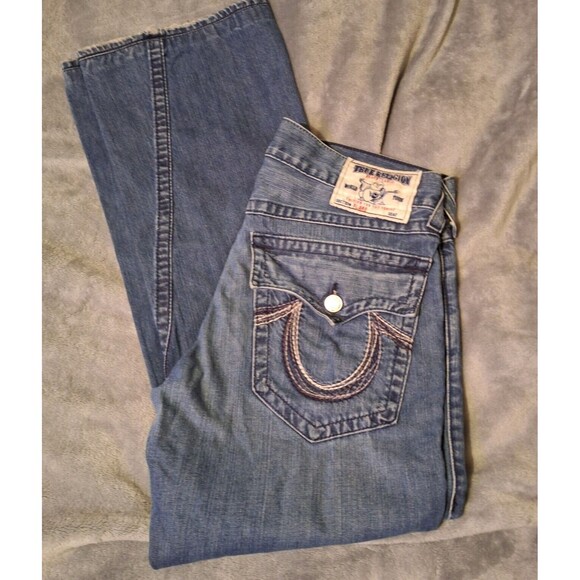 TRUE RELIGION 36x33 Vintage Rainbow Joey Jeans Distressed Flap Pockets Sz 34